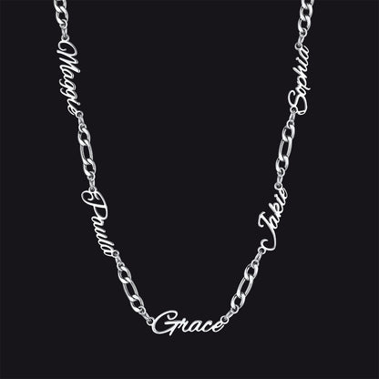 Steel / 5 Names / 24'' Customized Name Necklace with 3MM Width Figaro Chain