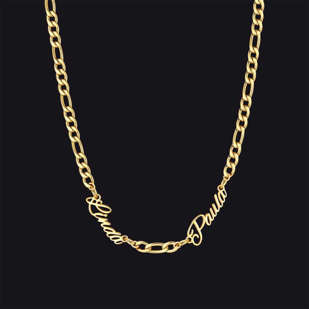 Gold / 2 Names / 24'' Customized Name Necklace with 3MM Width Figaro Chain
