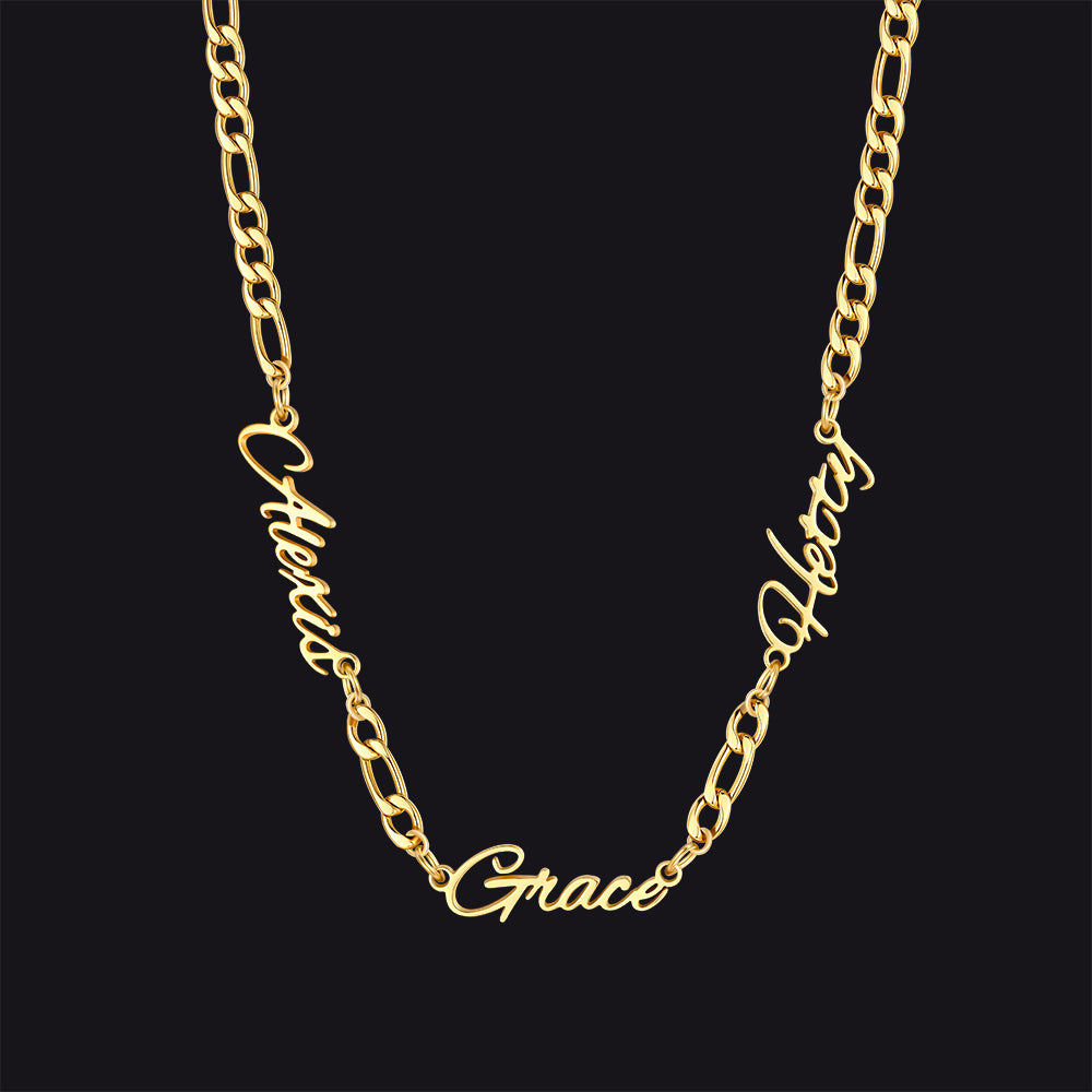Gold / 3 Names / 24'' Customized Name Necklace with 3MM Width Figaro Chain