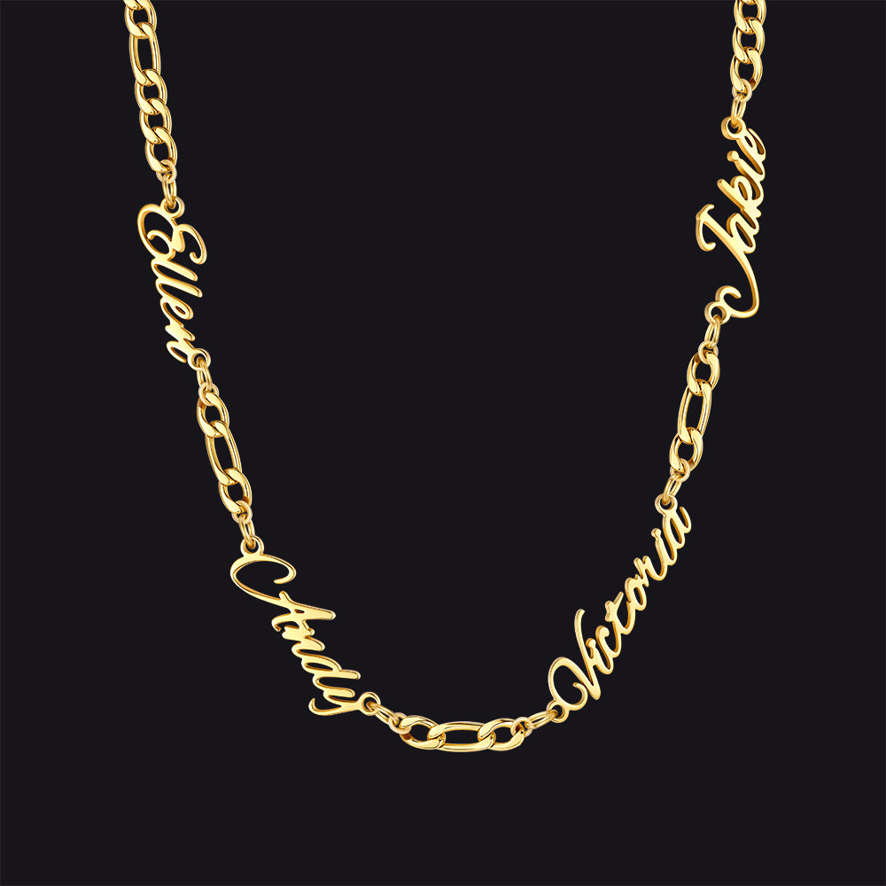 Gold / 4 Names / 24'' Customized Name Necklace with 3MM Width Figaro Chain