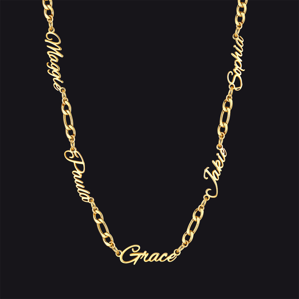 Gold / 5 Names / 24'' Customized Name Necklace with 3MM Width Figaro Chain