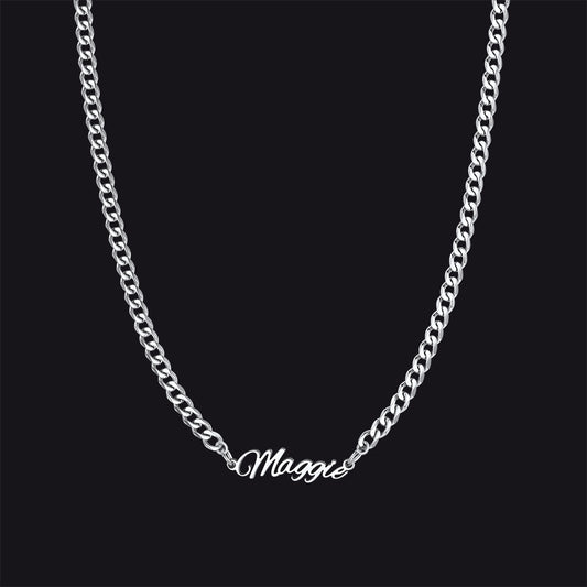 Steel / 1 Name / 24'' Customized Name Necklace with Cuban Link Chainimg
