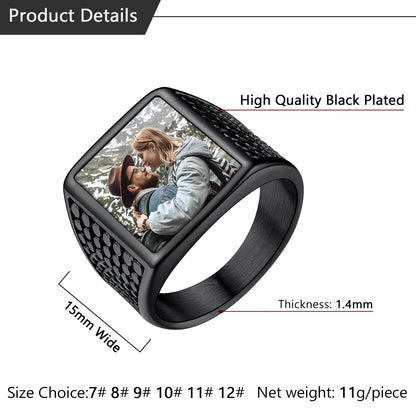 Bague chevalière carrée gravée avec photo personnalisée pour homme