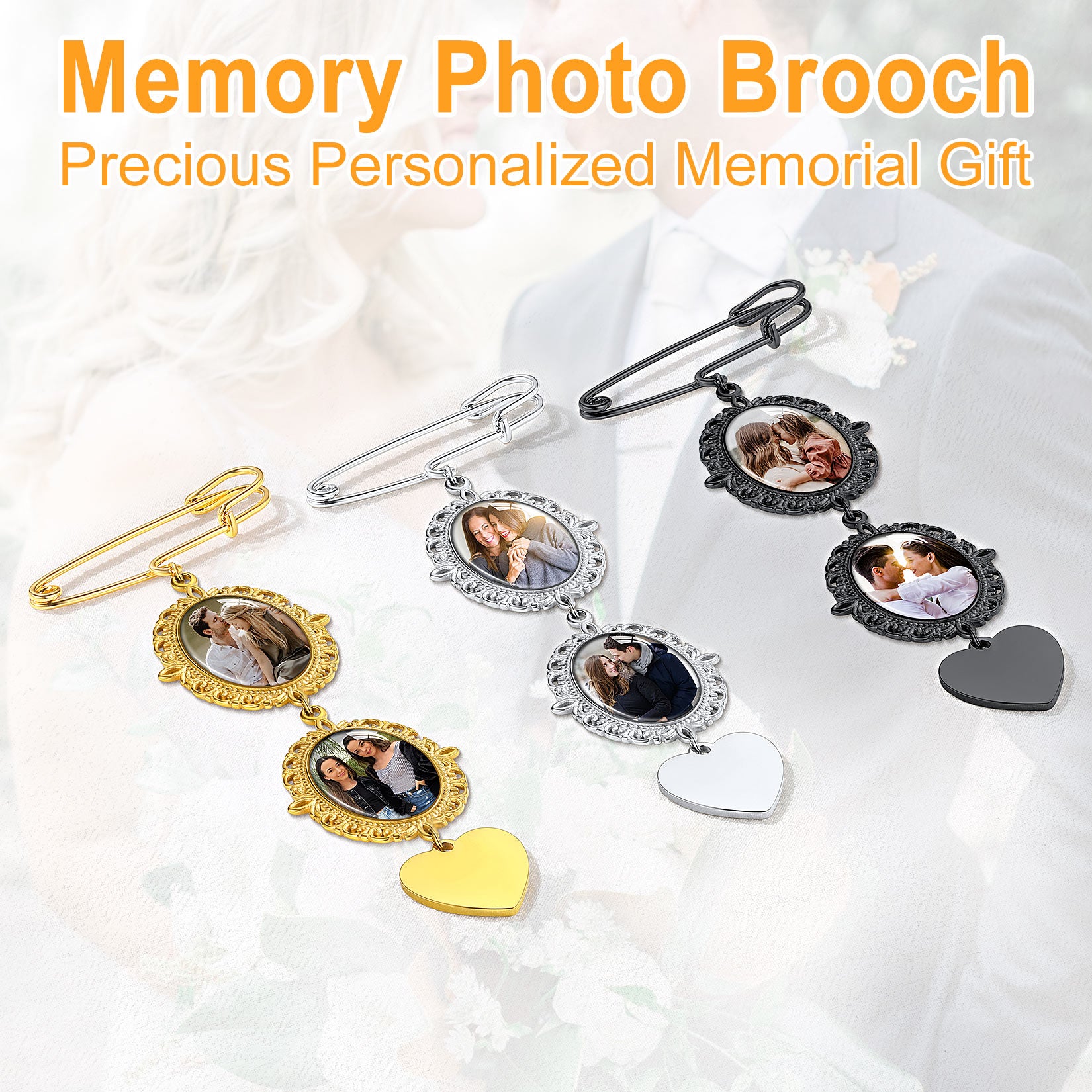 Customized 1-3 Pictures Memorial Pins Boutonniere for Wedding/Funeral Pin