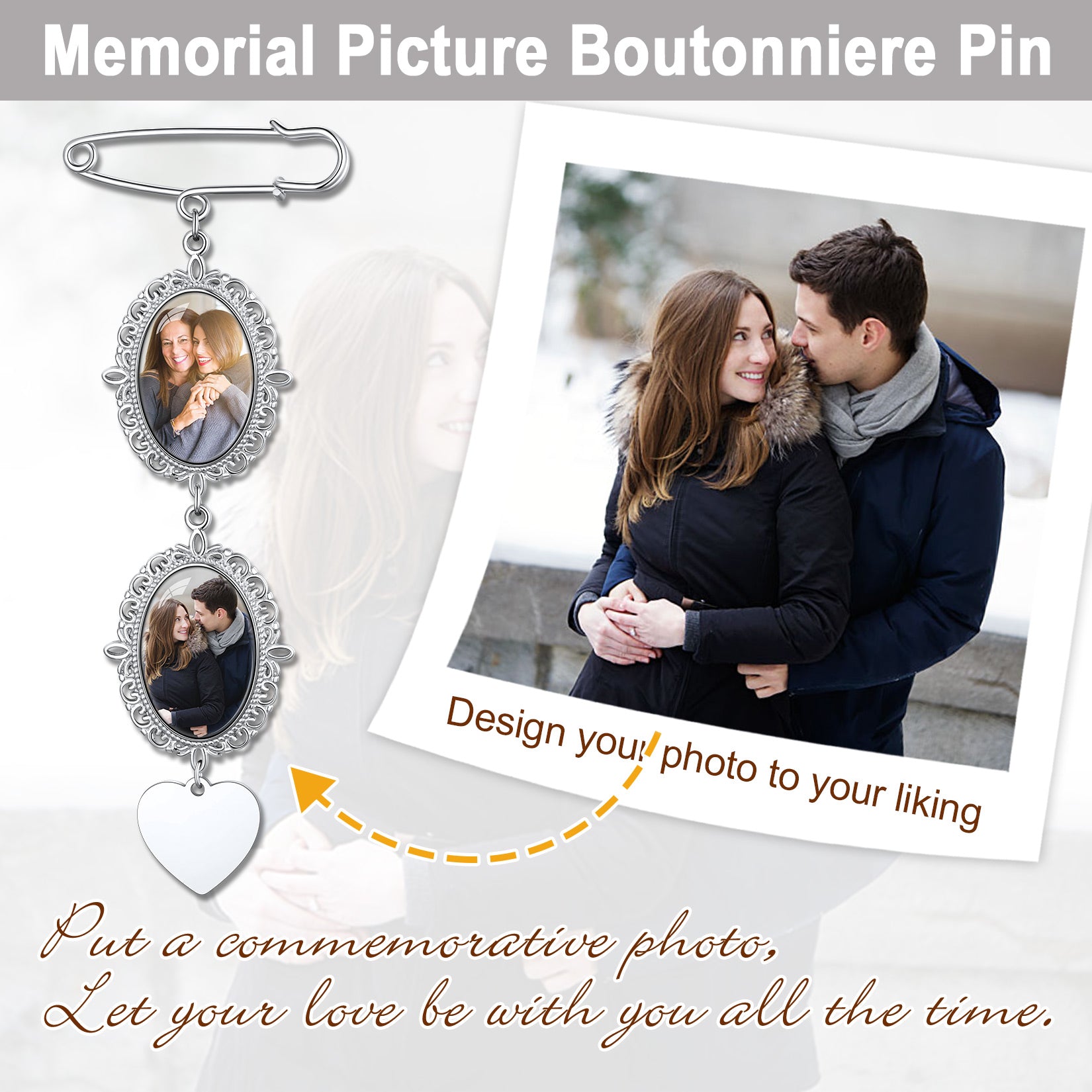 Customized 1-3 Pictures Memorial Pins Boutonniere for Wedding/Funeral Pin