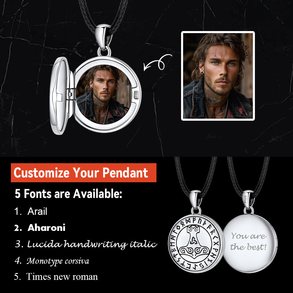 Customized Viking Thor's Hammer Photo Locket Necklace with Runes for Men