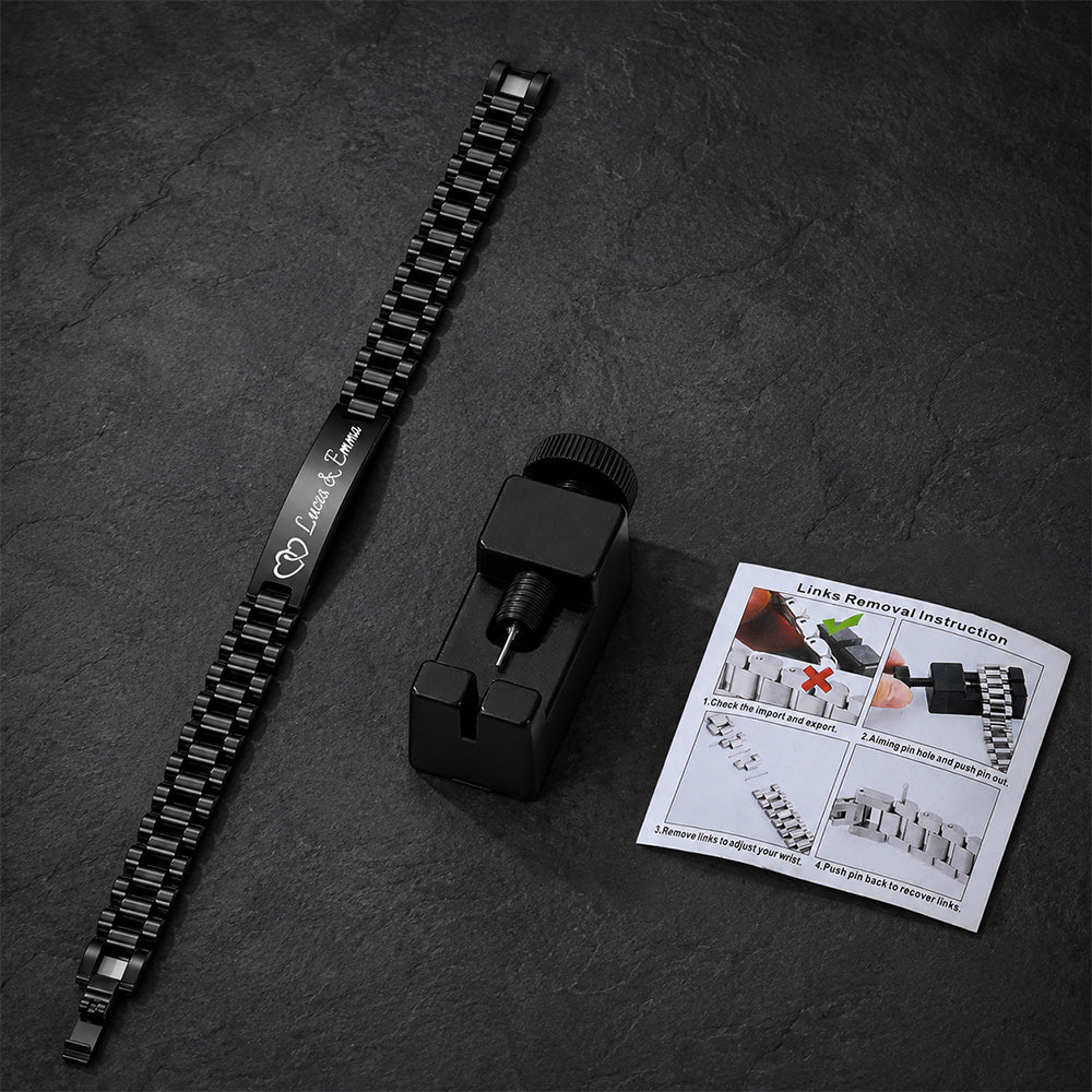 Bar link bracelet with resizing tool and extra links, bracelet sizing kit and link removal tool accessory