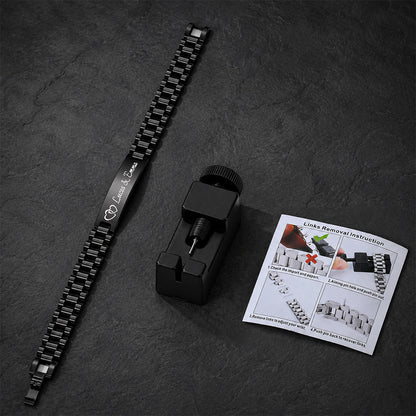 Bar link bracelet with resizing tool and extra links, bracelet sizing kit and link removal tool accessory