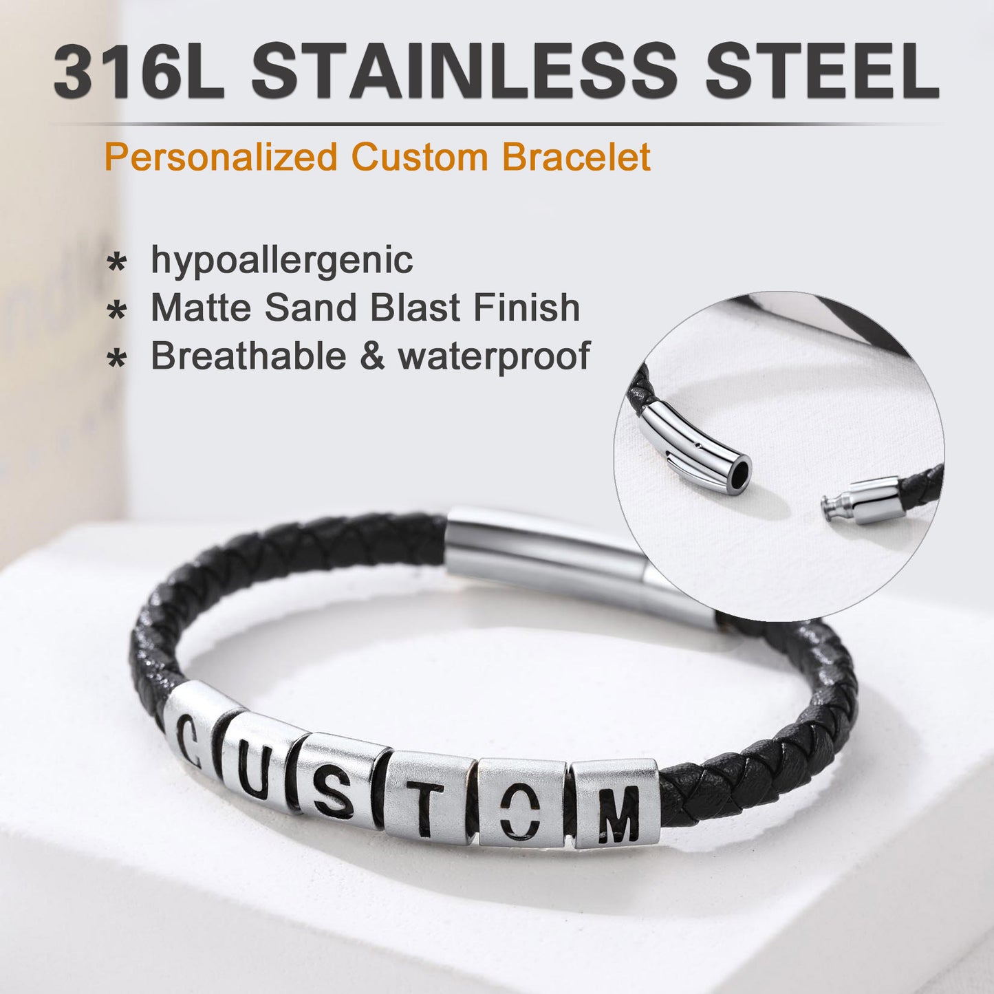 Personalized custom bracelet with 316L stainless steel clasp on a white background