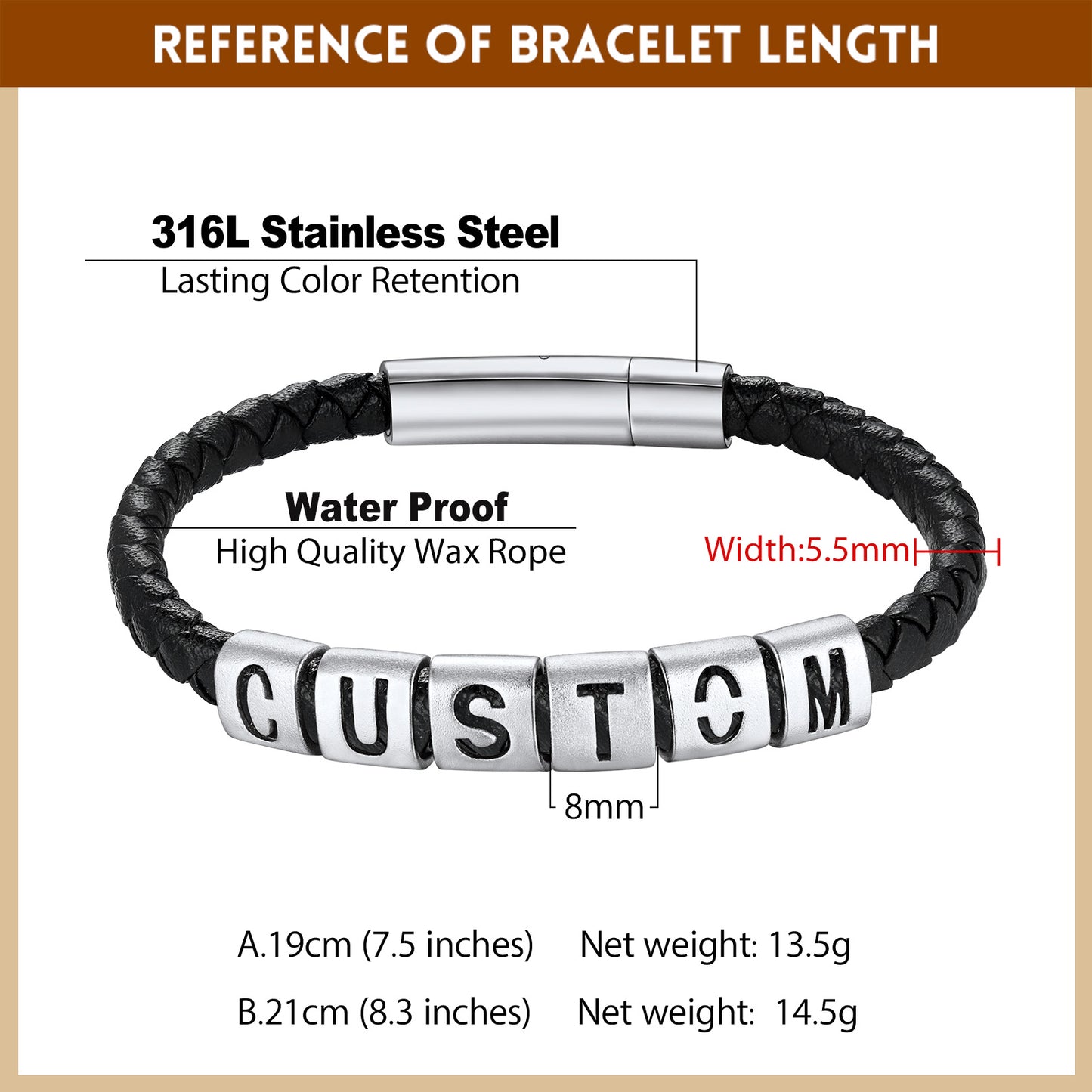 Bracelet with customizable text on a white background, showing details like material and dimensions.