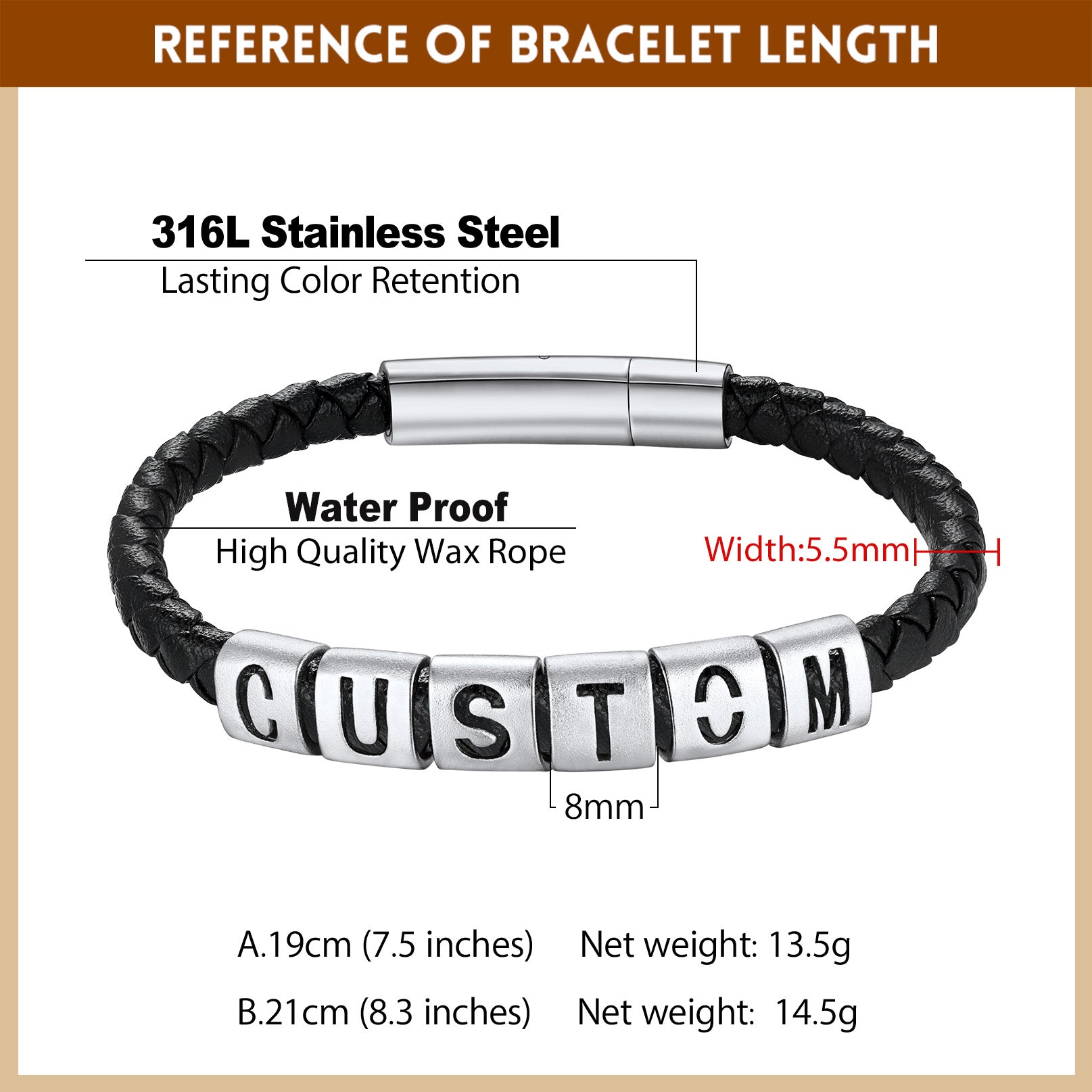 Bracelet with customizable text on a white background, showing details like material and dimensions.