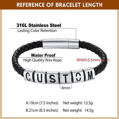 Bracelet with customizable text on a white background, showing details like material and dimensions.