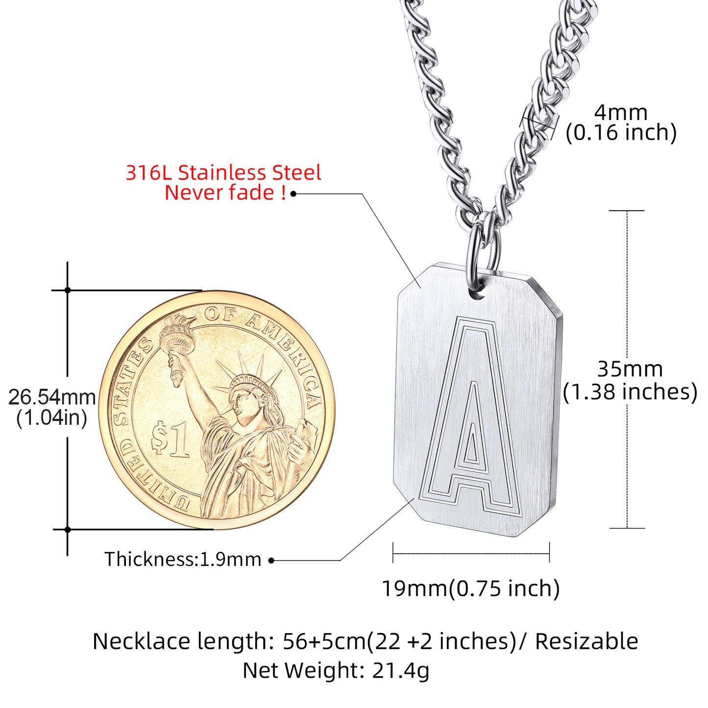 Customized Initial Letter Dog Tag Necklace for Men
