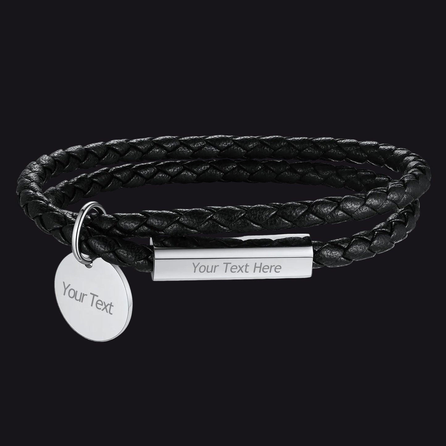 Black braided leather bracelet with customizable tag on a white background