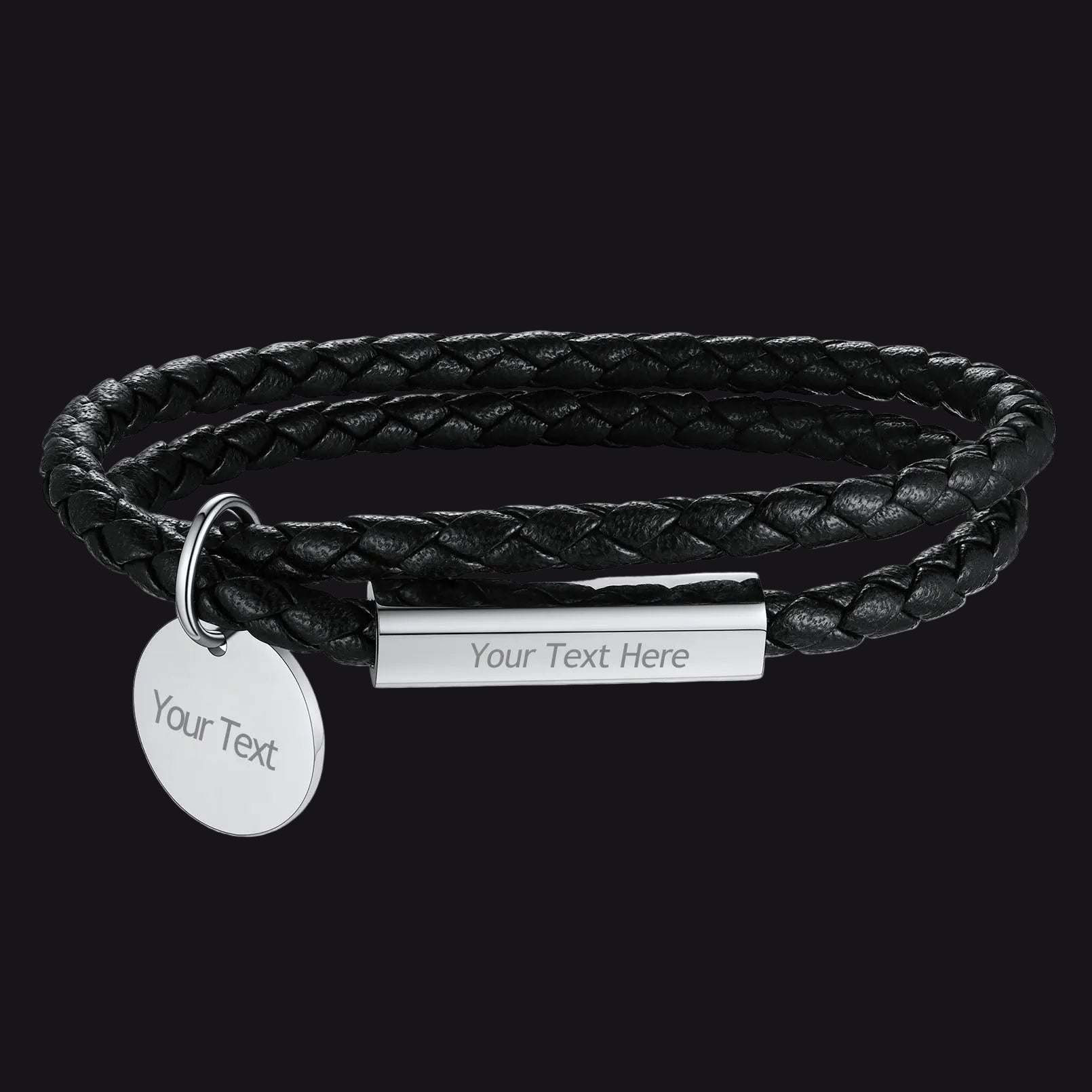Black braided leather bracelet with customizable tag on a white background