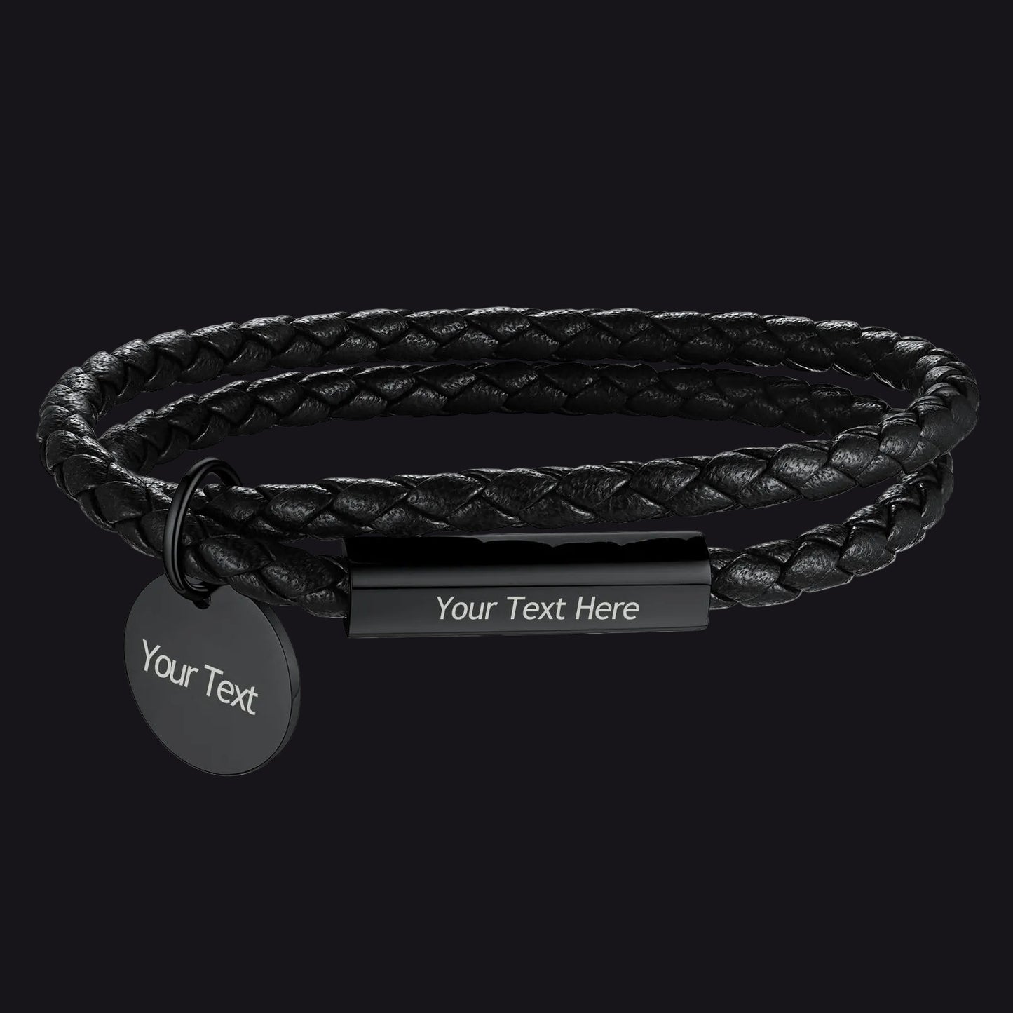 Black braided leather bracelet with customizable tag on a white background
