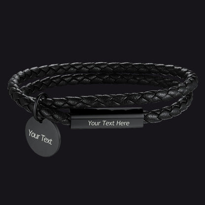 Black braided leather bracelet with customizable tag on a white background