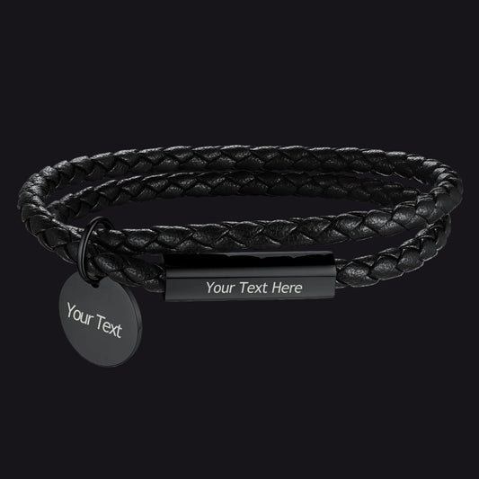 Black braided leather bracelet with customizable tag on a white backgroundimg