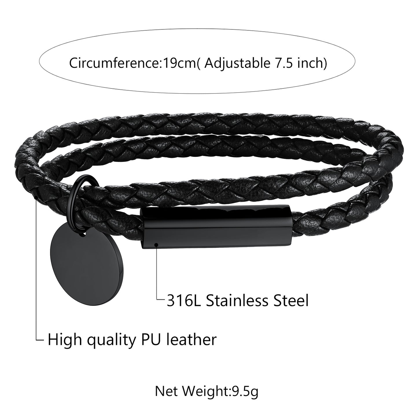 Black braided leather bracelet with stainless steel clasp on a white background