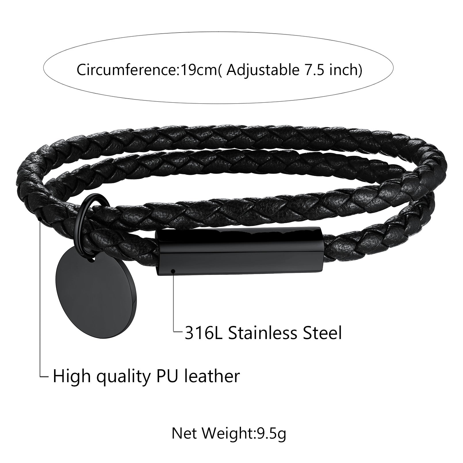 Black braided leather bracelet with stainless steel clasp on a white background