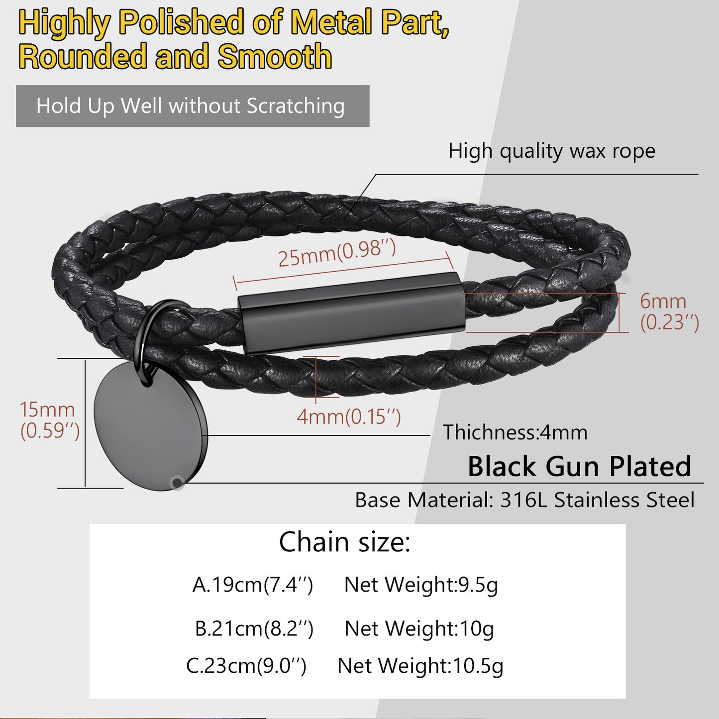 Black braided leather bracelet with metal clasp and measurements on a white background