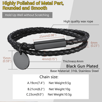 Black braided leather bracelet with metal clasp and measurements on a white background