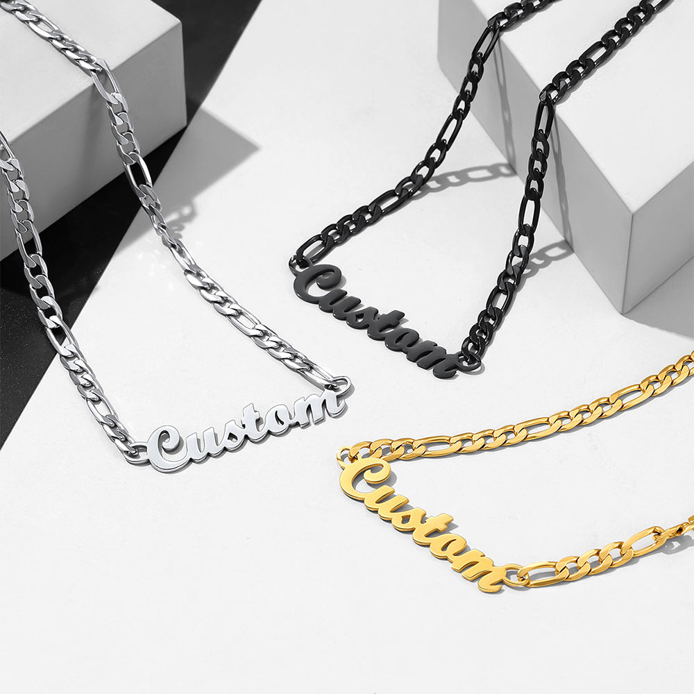 Personalized Nameplate Figaro Chain Necklace in steel, black, gold color