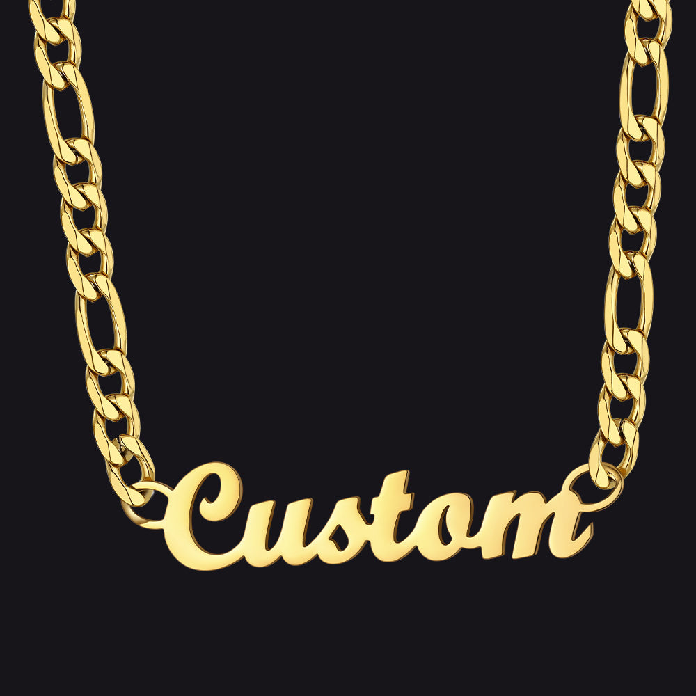 Gold Men's Personalized Nameplate Figaro Chain Necklace