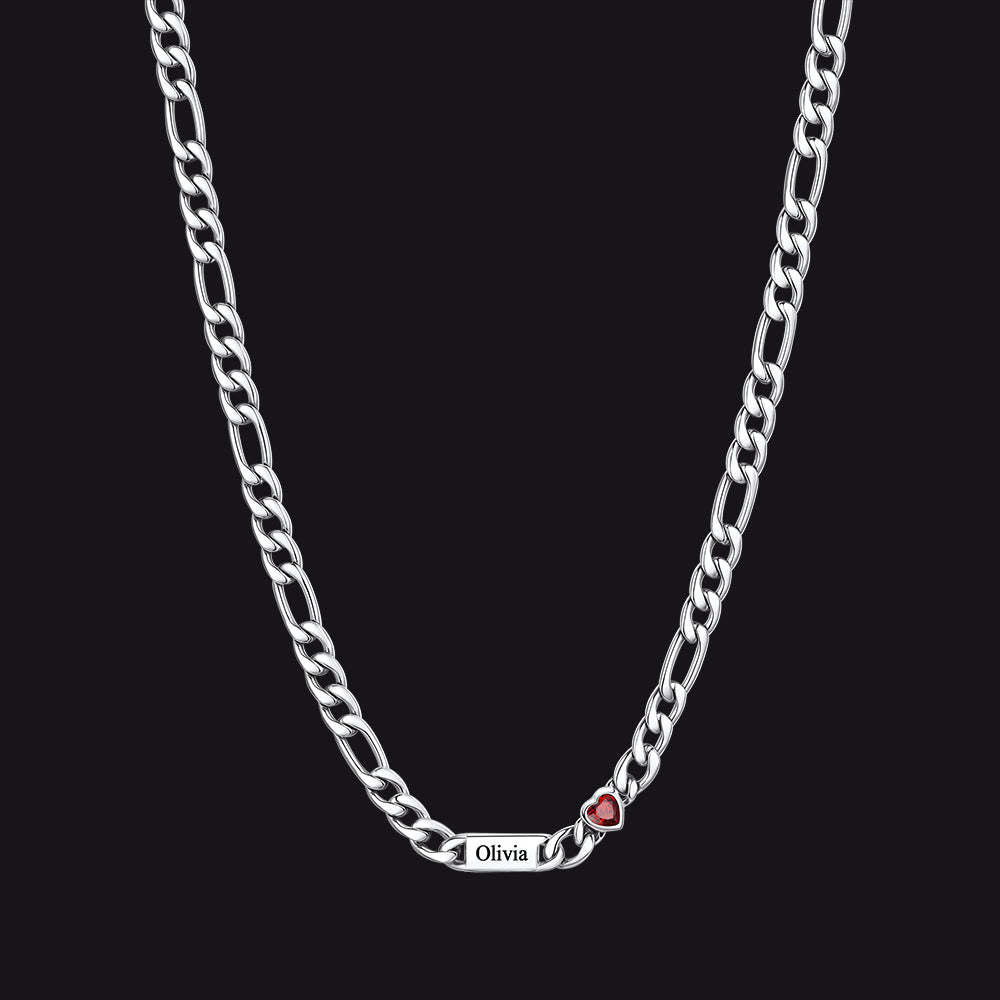 Customized Names Birthstone Figaro Chain Necklace | 1 Bar / Heart / Silver