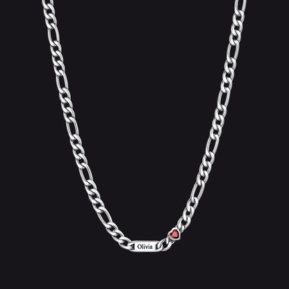 Customized Names Birthstone Figaro Chain Necklace | 1 Bar / Heart / Silver