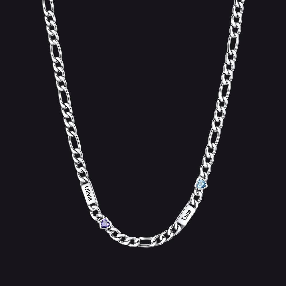 Customized Names Birthstone Figaro Chain Necklace | 2 Bars / Heart / Silver