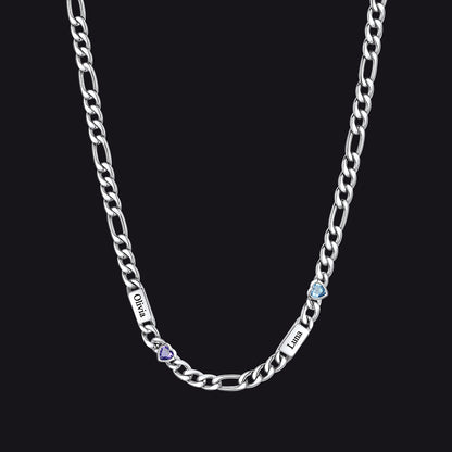 Customized Names Birthstone Figaro Chain Necklace | 2 Bars / Heart / Silver