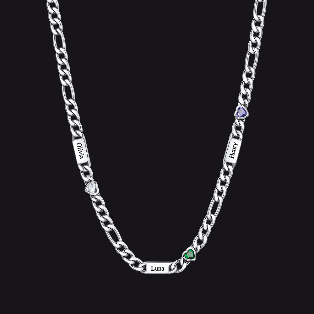 Customized Names Birthstone Figaro Chain Necklace | 3 Bars / Heart / Silver