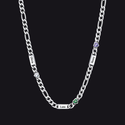 Customized Names Birthstone Figaro Chain Necklace | 3 Bars / Heart / Silver
