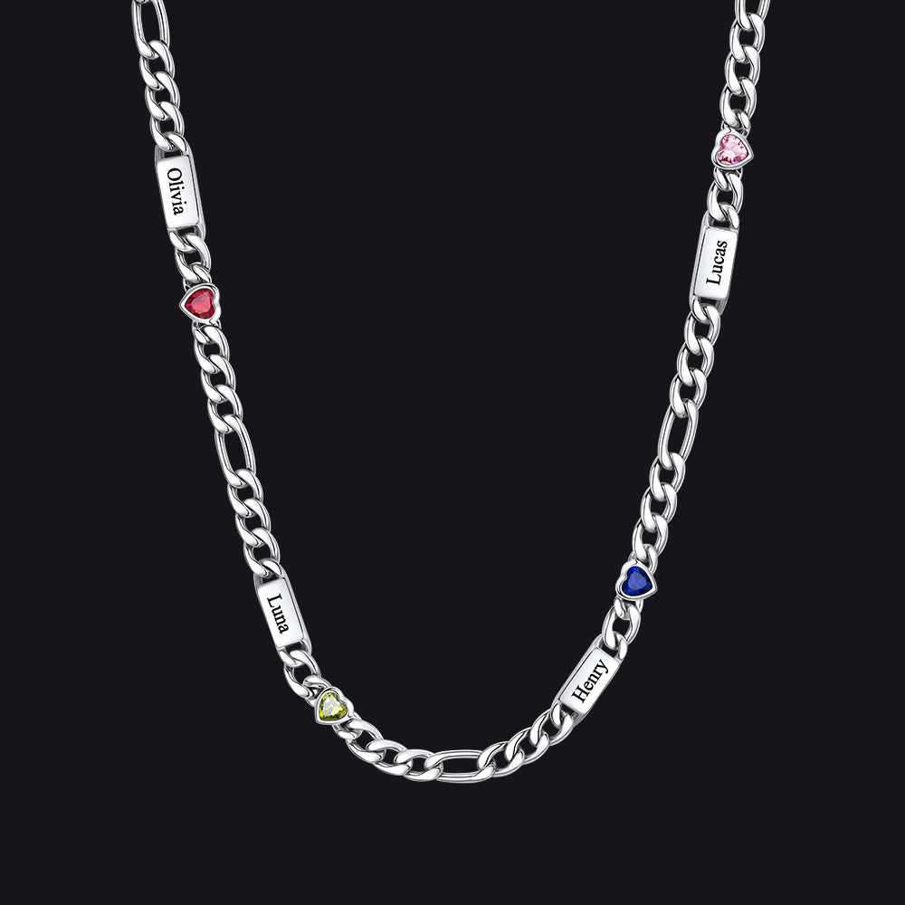 Customized Names Birthstone Figaro Chain Necklace | 4 Bars / Heart / Silver