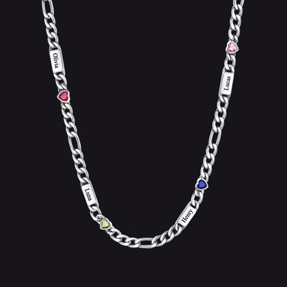 Customized Names Birthstone Figaro Chain Necklace | 4 Bars / Heart / Silver