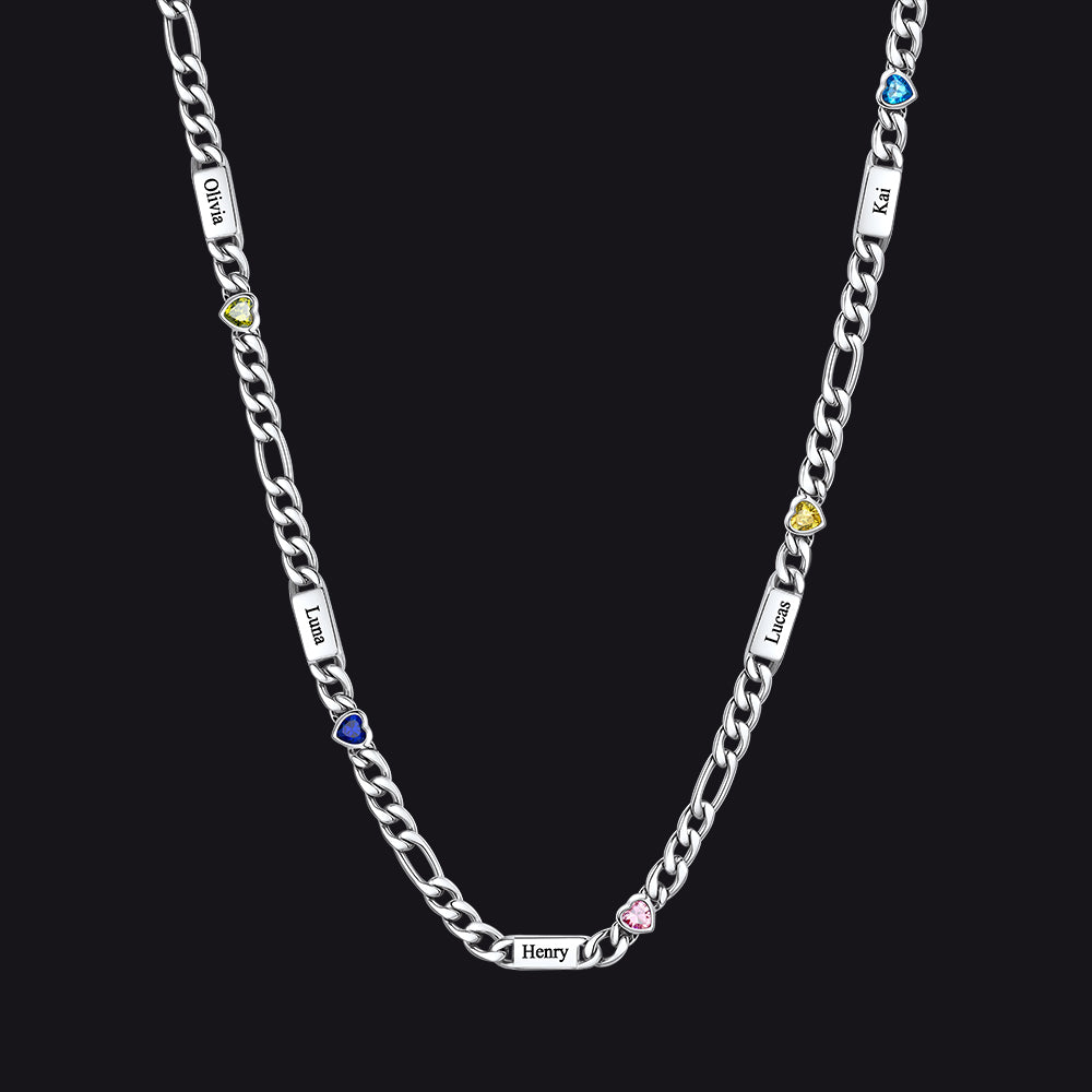 Customized Names Birthstone Figaro Chain Necklace | 5 Bars / Heart / Silver