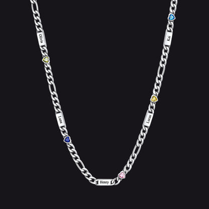Customized Names Birthstone Figaro Chain Necklace | 5 Bars / Heart / Silver