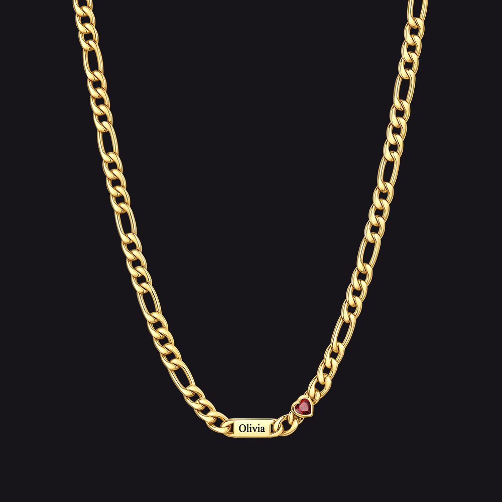Customized Names Birthstone Figaro Chain Necklace | 1 Bar / Heart / 14k Gold