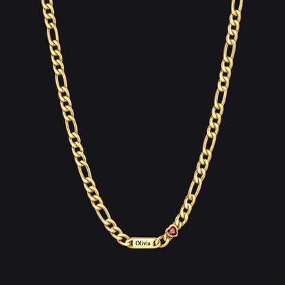 Customized Names Birthstone Figaro Chain Necklace | 1 Bar / Heart / 14k Gold