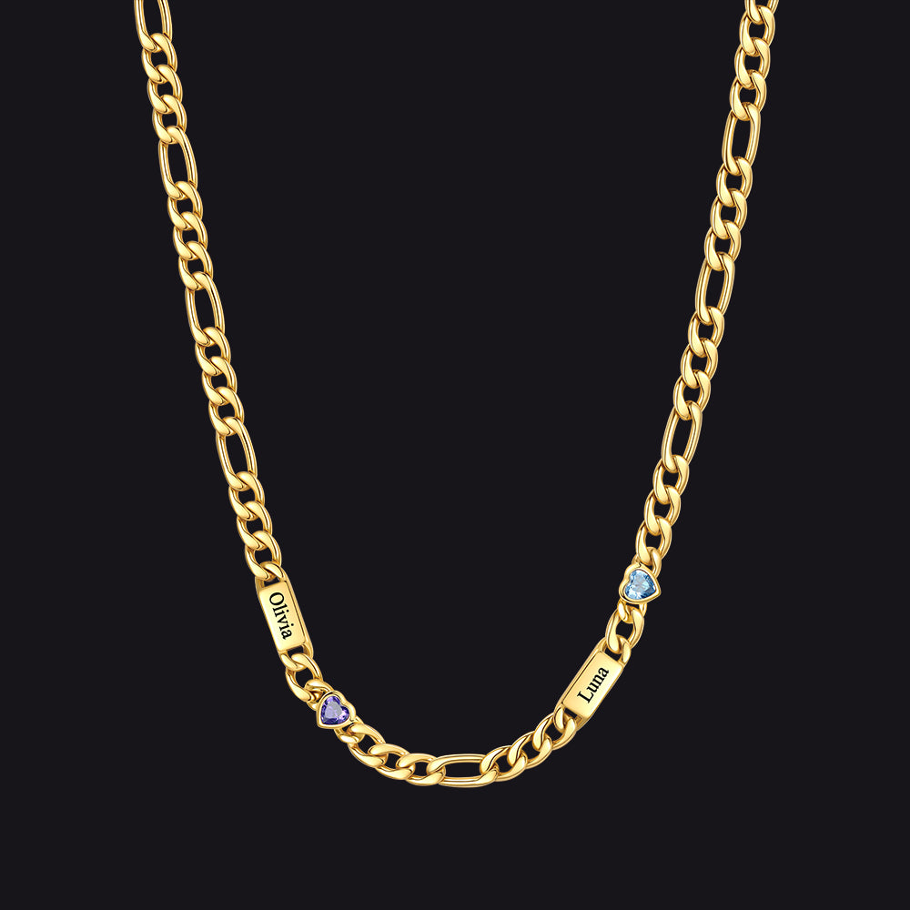 Customized Names Birthstone Figaro Chain Necklace | 2 Bars / Heart / 14k Gold