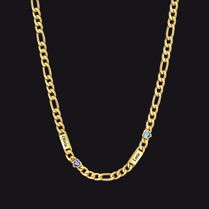 Customized Names Birthstone Figaro Chain Necklace | 2 Bars / Heart / 14k Gold