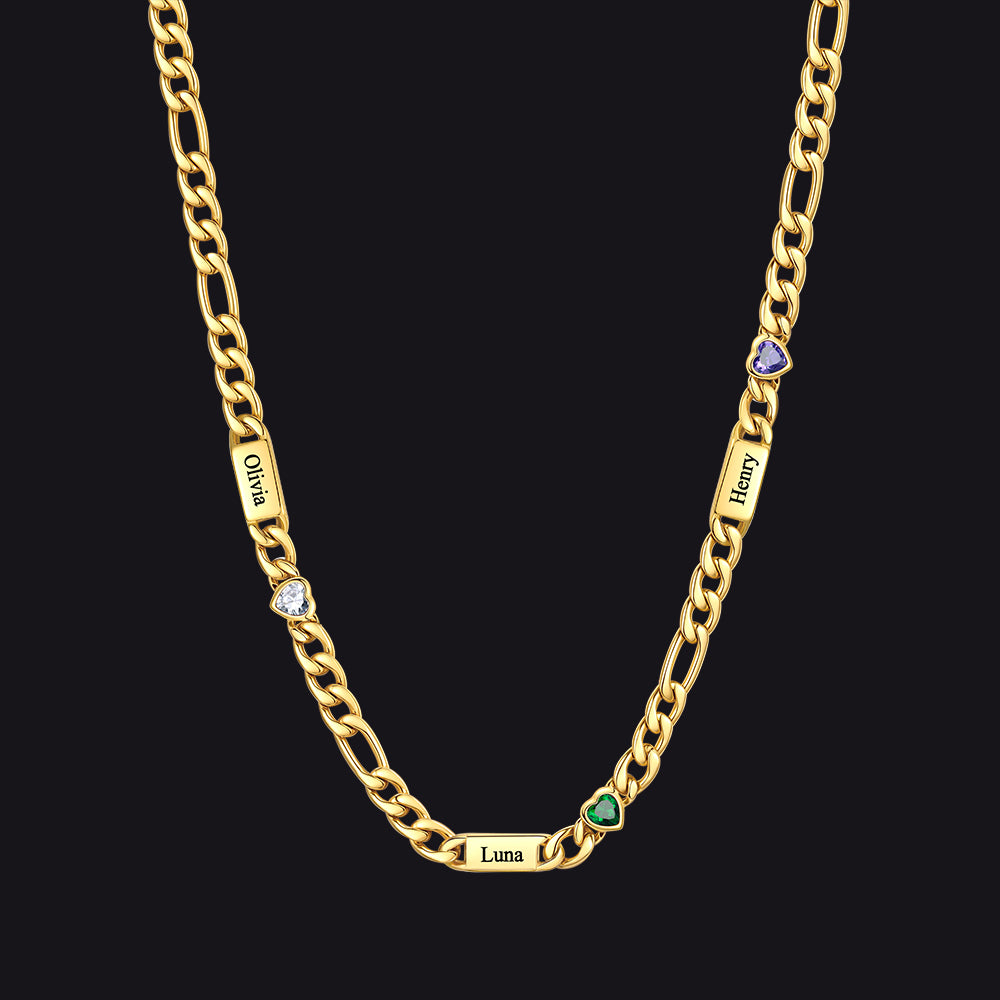 Customized Names Birthstone Figaro Chain Necklace | 3 Bars / Heart / 14k Gold