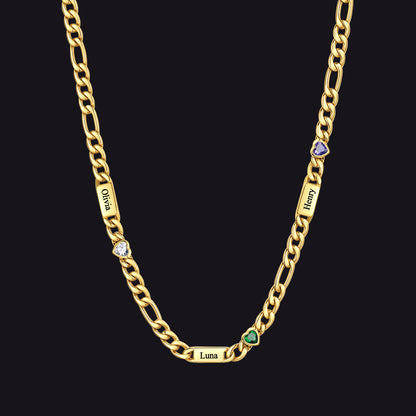 Customized Names Birthstone Figaro Chain Necklace | 3 Bars / Heart / 14k Gold