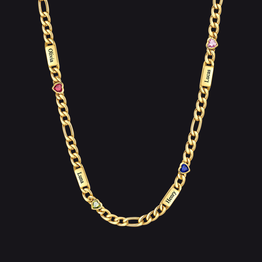 Customized Names Birthstone Figaro Chain Necklace | 4 Bars / Heart / Gold