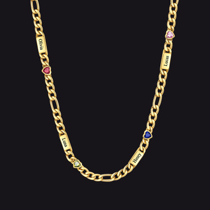 Customized Names Birthstone Figaro Chain Necklace | 4 Bars / Heart / Gold