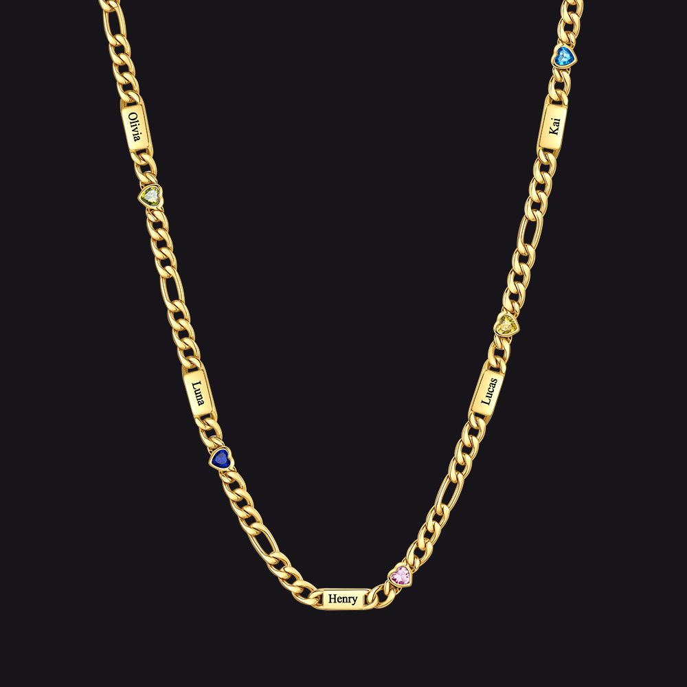 Customized Names Birthstone Figaro Chain Necklace | 5 Bars / Heart / Gold