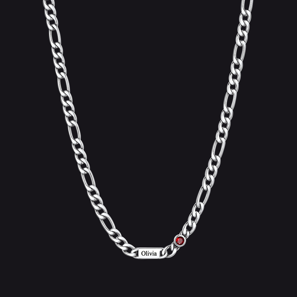 Customized Names Birthstone Figaro Chain Necklace | 1 Bar / Round / Silver
