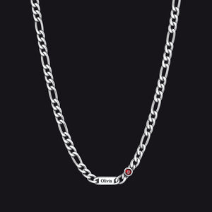 Customized Names Birthstone Figaro Chain Necklace | 1 Bar / Round / Silver