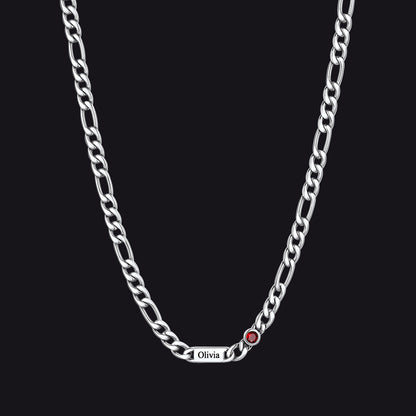 Customized Names Birthstone Figaro Chain Necklace | 1 Bar / Round / Silver